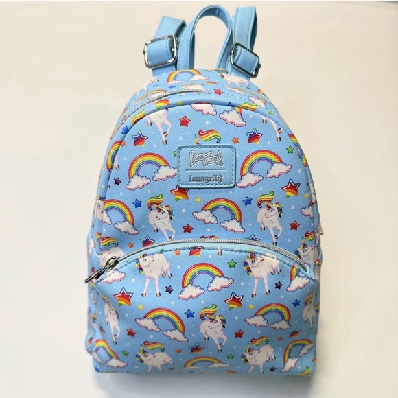 Lisa Frank Handbags - Lisa Frank Loungefly Sky Blue Unicorn Stars Rainbow mini Backpack vegan clouds